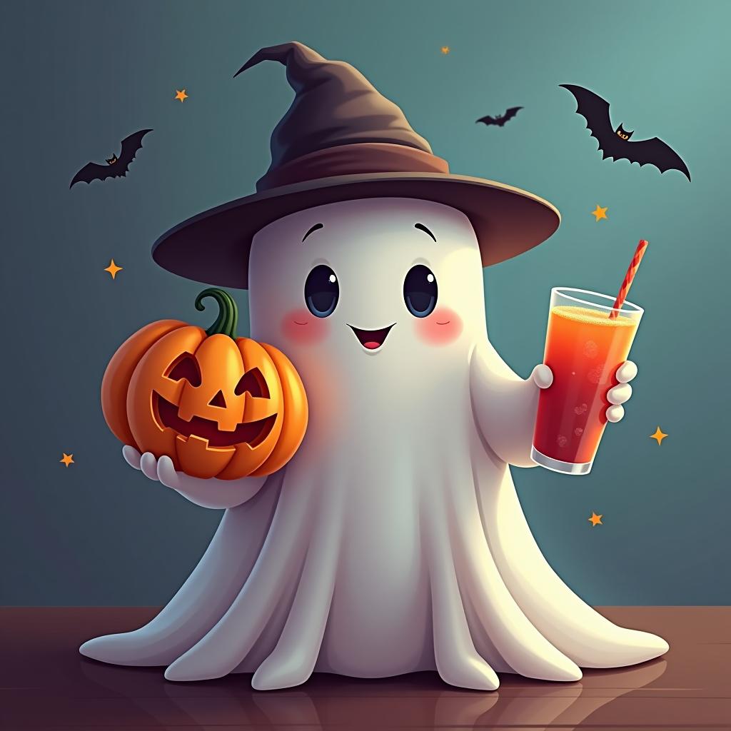  create a digital painting featuring a cute ghost character. the ghost should be wearing a hat. in one hand, the ghost should hold a pumpkin with a carved face, and in the other hand, a halloween themed drink. the background should be colorfull and include small black bats and stars to add a playful halloween touch. the overall style should be cute, whimsical, and colorful hyperrealistic, full body, detailed clothing, highly detailed, cinematic lighting, stunningly beautiful, intricate, sharp focus, f/1. 8, 85mm, (centered image composition), (professionally color graded), ((bright soft diffused light)), volumetric fog, trending on instagram, trending on tumblr, HDR 4K, 8K