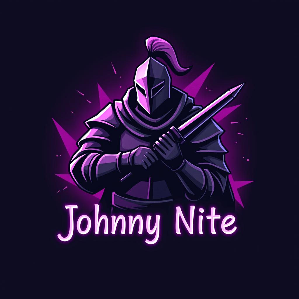  design a logo, in a origami style. knight with a gaming mic graffiti purple and black, with the text 'johnny nite'.