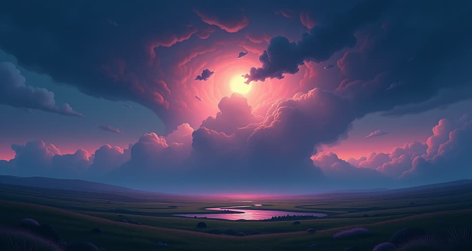  a mystical storm brewing over an otherwise calm landscape. the force of the storm is palpable, beyond comprehension yet compelling.. the style is digital art illustration,highly detailed, whimsical,magical, dreamlike atmosphere, realism and fantasy blend, smooth, glossy textures,luminous quality, wonder and enchantment.