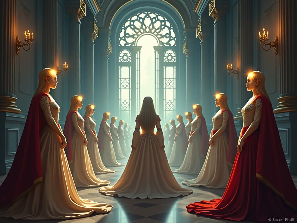  a grand hall in an ethereal palace, beings in luxurious attire, cracks appearing in their glowing facades. the unraveling of their composed demeanor, atmosphere, tense with unfolding deceit.. the style is digital art illustration,highly detailed, whimsical,magical, dreamlike atmosphere, realism and fantasy blend, smooth, glossy textures,luminous quality, wonder and enchantment.