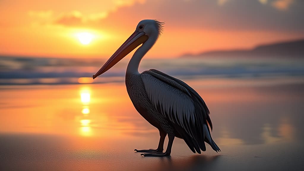  a pelican stands on the beach at sunset, high quality, high details, hd, perfect composition, 4k epic detailed, highly detailed, sharp focus, high resolution