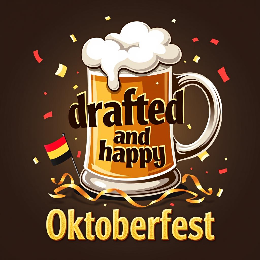  festive design with 'drafted and happy.' bold celebratory font with a beer stein and confetti with bavarian flag. place the word oktoberfest at the bottom of the image