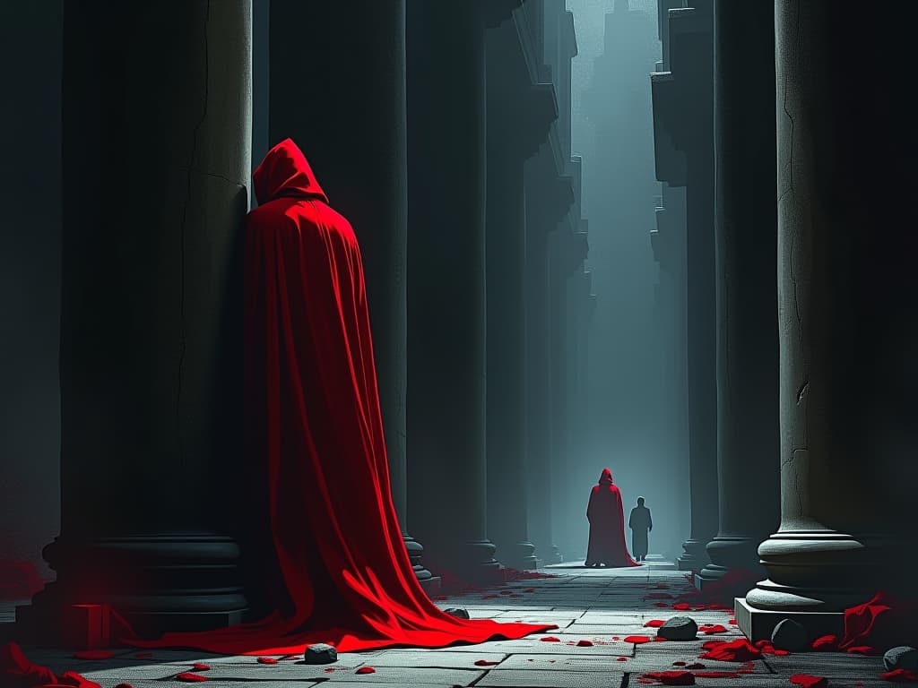  judas in red cloak, hiding behind pillars, disciples in distance, atmosphere of guilt and avoidance. the style is digital art illustration / modern comic book / graphic dark novel fantasy and mysterious occult, symbolic, moody lighting, esoteric vibe,high detail on character design. for the color scheme emphasize blacks and reds.