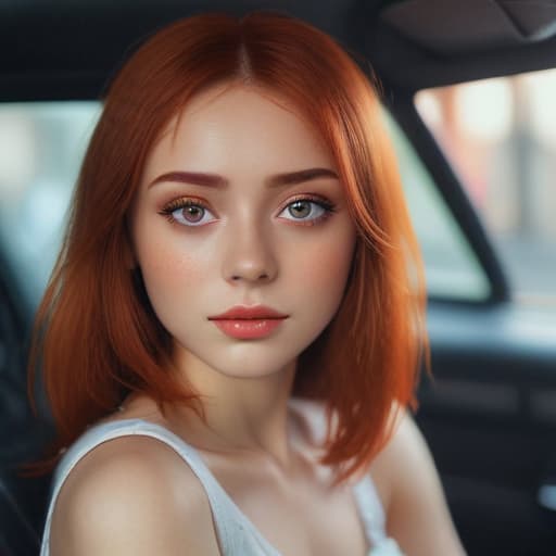 one beautiful young Red Head with big preety eyes sitting in one pose in the car, ((one with big beautiful red eyes sitting in one pose in the car)), ((in dress)), very skinny, 18 years old,((looking at viewer)), smile, (((big beautiful red eyes))), (close-up),, (((in simple clothes)))cyberpunk girl hyperrealistic, full body, detailed clothing, highly detailed, cinematic lighting, stunningly beautiful, intricate, sharp focus, f/1. 8, 85mm, (centered image composition), (professionally color graded), ((bright soft diffused light)), volumetric fog, trending on instagram, trending on tumblr, HDR 4K, 8K