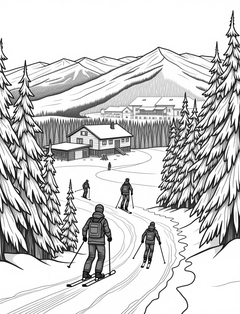  this is for an adult coloring page. a detailed black and white line art of a snowy ski resort with skiers coming down the slopes on a solid white background.