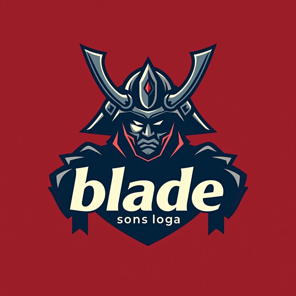  design a logo, emblem logo, with the written text ‘blade’, samurai theme, red and blue.