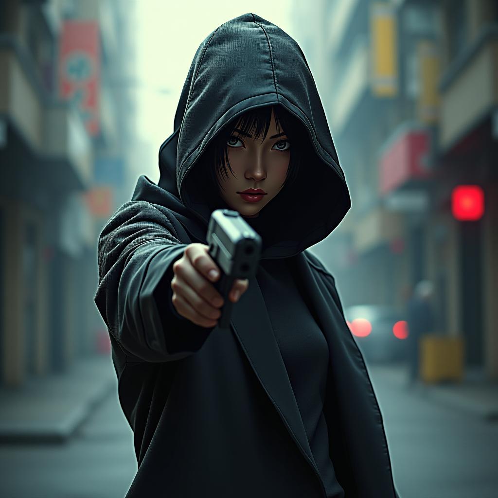  create an image of a hooded female street assassin, featuring a gun for a hand. the scene should reflect the detailed, dystopian style of katsuhiro otomo, known for his intricate line work and dark, futuristic themes. the assassin should have a mysterious, intense demeanor, set against a gritty urban backdrop with sharp contrasts and high levels of detail. hyperrealistic, full body, detailed clothing, highly detailed, cinematic lighting, stunningly beautiful, intricate, sharp focus, f/1. 8, 85mm, (centered image composition), (professionally color graded), ((bright soft diffused light)), volumetric fog, trending on instagram, trending on tumblr, HDR 4K, 8K