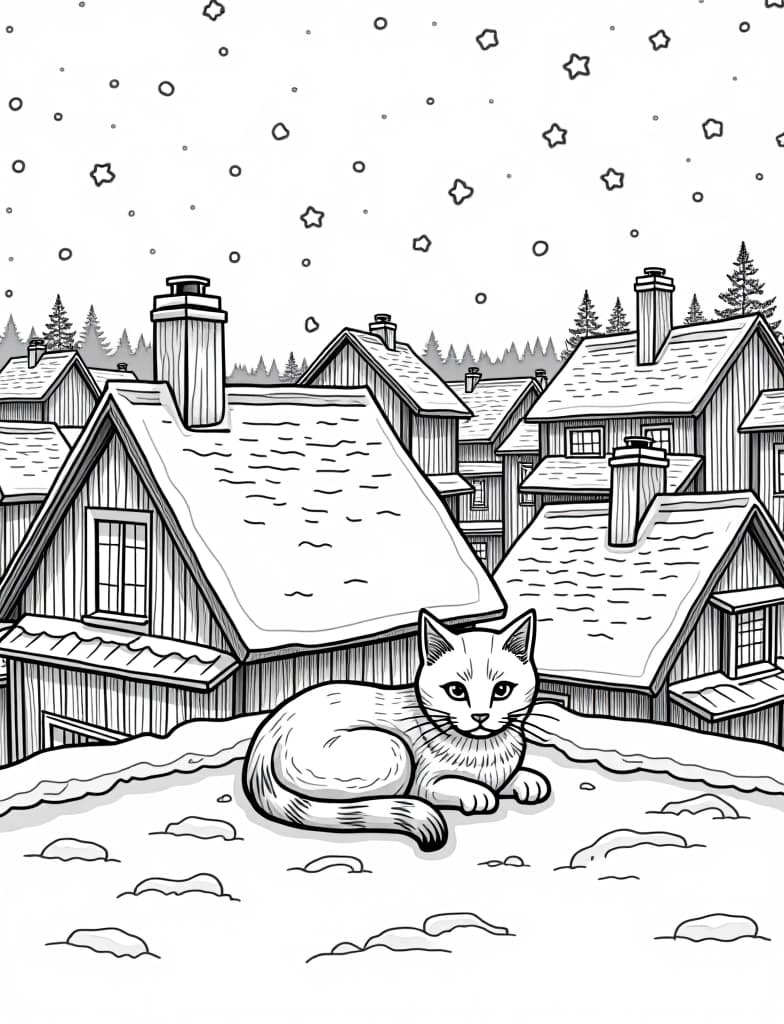  this is for an adult coloring page. a detailed black and white line art of a snowy snowy rooftop with a cat curled up in a warm spot on a solid white background.