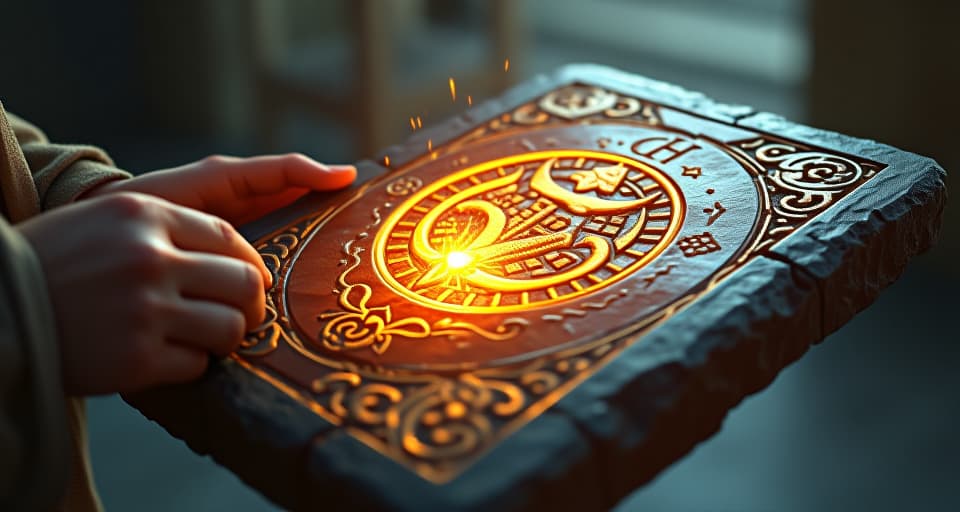  a celestial artisan carving divine symbols into a radiant stone tablet. holy work, engraved doubtlessness, mystical craftsmanship.. the style is digital art illustration,highly detailed, whimsical,magical, dreamlike atmosphere, realism and fantasy blend, smooth, glossy textures,luminous quality, wonder and enchantment.