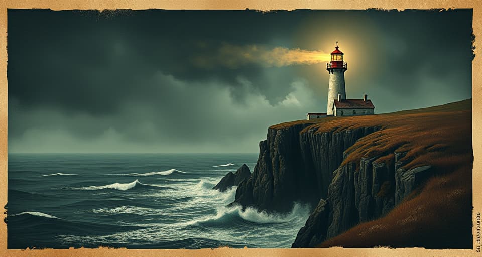  lonely lighthouse on a cliff overlooking a stormy sea, beacon no longer shining, sense of abandonment and desolation. an illustration in the style of a worn, mystical old tarot trump card, mysterious and elements of surrealism. the colors are muted, somber and eerie, but with contrast bring out an occult and esoteric vibe.