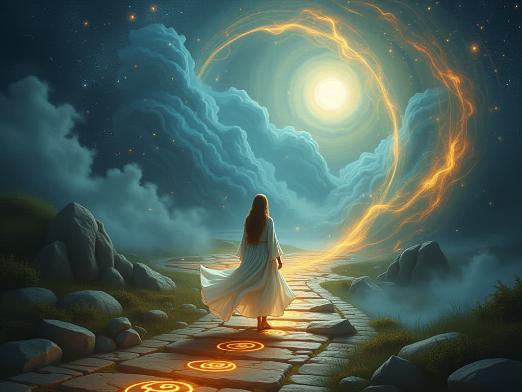  a mystical scene with an ethereal figure dressed in flowing, enchanted robes standing on a path of ancient symbols. a whirling mix of celestial and earthly magic surrounds them, symbolizing the mystical journey they undertake.. the style is digital art illustration,highly detailed, whimsical,magical, dreamlike atmosphere, realism and fantasy blend, smooth, glossy textures,luminous quality, wonder and enchantment.