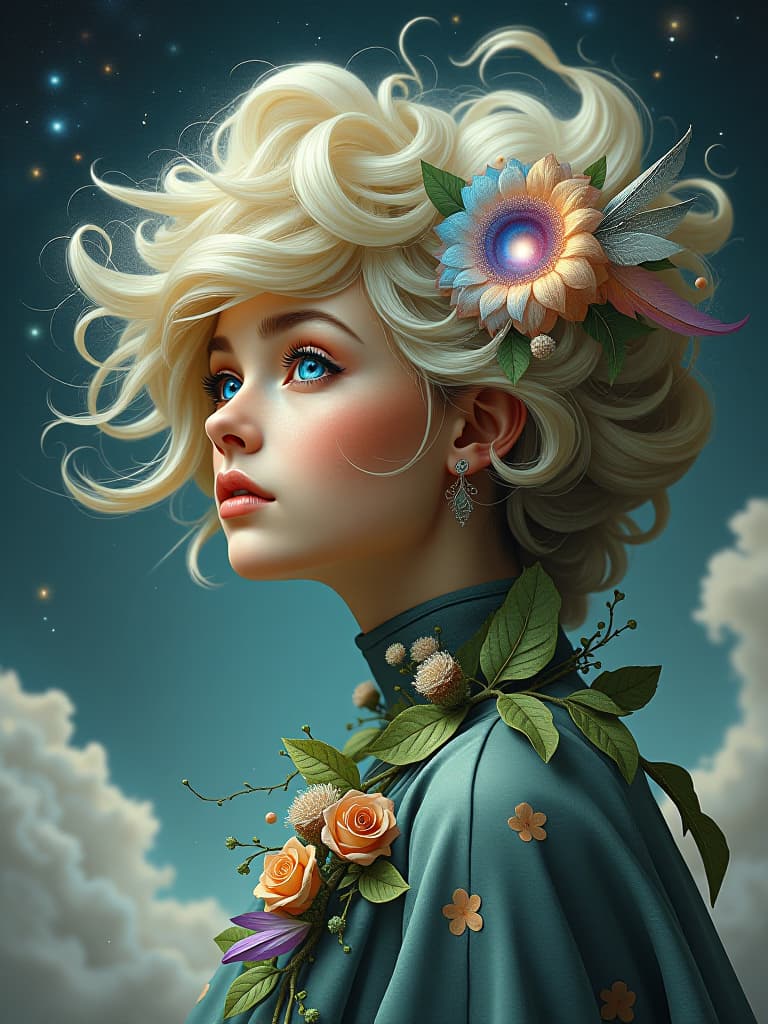  create a series of imaginative portraits where each subject is infused with elements of fantasy and nature. the hair of the individuals should flow like clouds, varying from soft, fluffy cumulus to wispy cirrus strands, with hints of color reflecting a sunset or a clear blue sky. the eyes should be windows to entire galaxies, with stars, nebulae, and distant planets visible within them. clothing should be adorned with nature motifs, such as floral patterns that bloom and change, vines that seem to grow and wrap around, or feathers that shimmer with iridescence. each portrait should capture a unique personality, blending human features with the ethereal beauty of the natural and cosmic world. the backgrounds can vary, from starry night skies