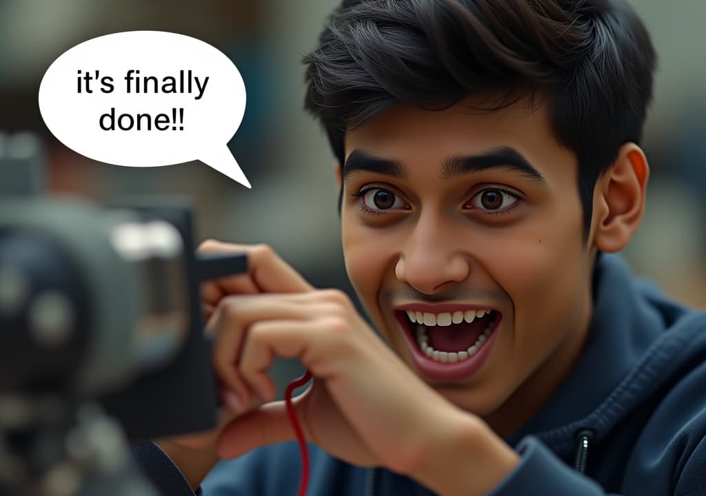  good quality, high quality, visual description: close up of pranav’s excited face as he plugs in the final wire of the robot.text (speech bubble from pranav): "it's finally done!"