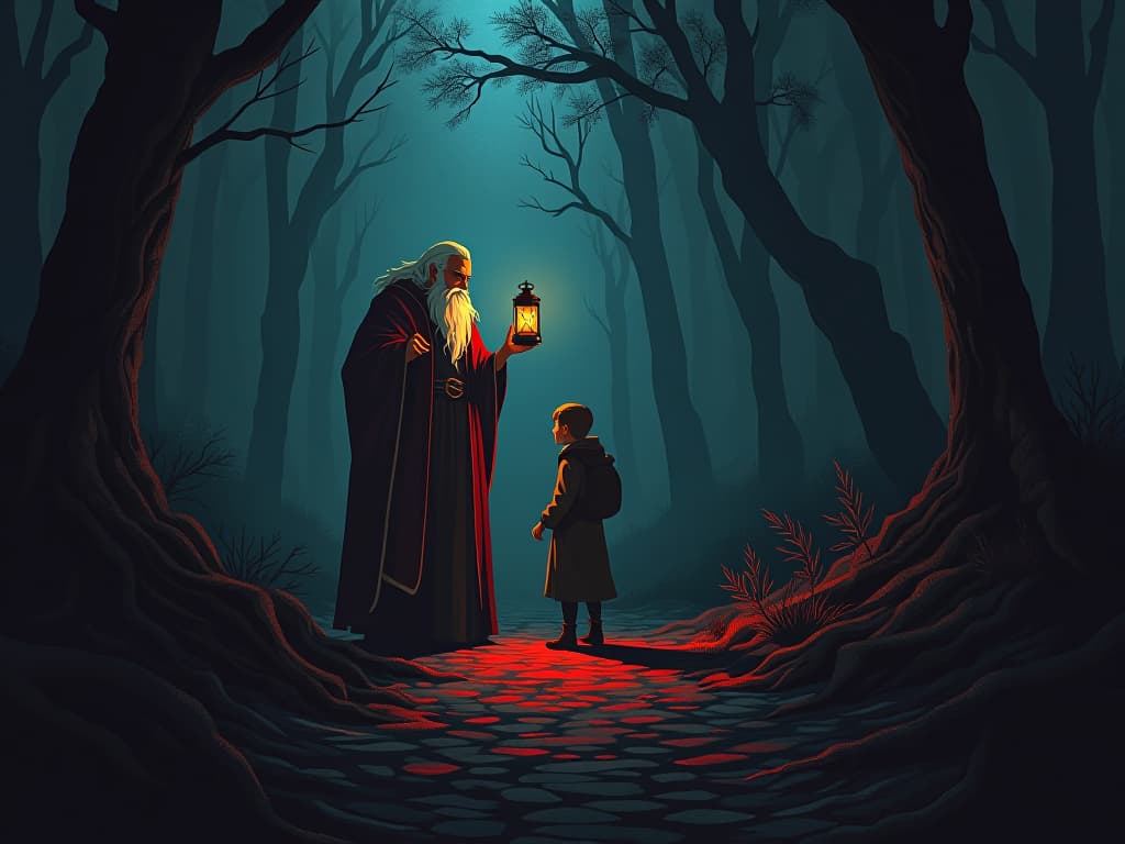  a wise old sage guiding a lost traveler through a dark forest. lantern light cutting through the shadows, guiding path, mentorship, honesty.. the style is dark fantasy and mysterious occult, symbolic, moody lighting, esoteric vibe,high detail on character design. for the color scheme emphasize blacks and reds.