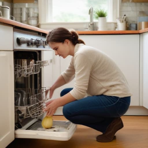 A photo of a skilled technician repairing a malfunctioning dishwasher in a cozy kitchen during a lazy Sunday afternoon with warm, soft natural lighting filtering through the window.