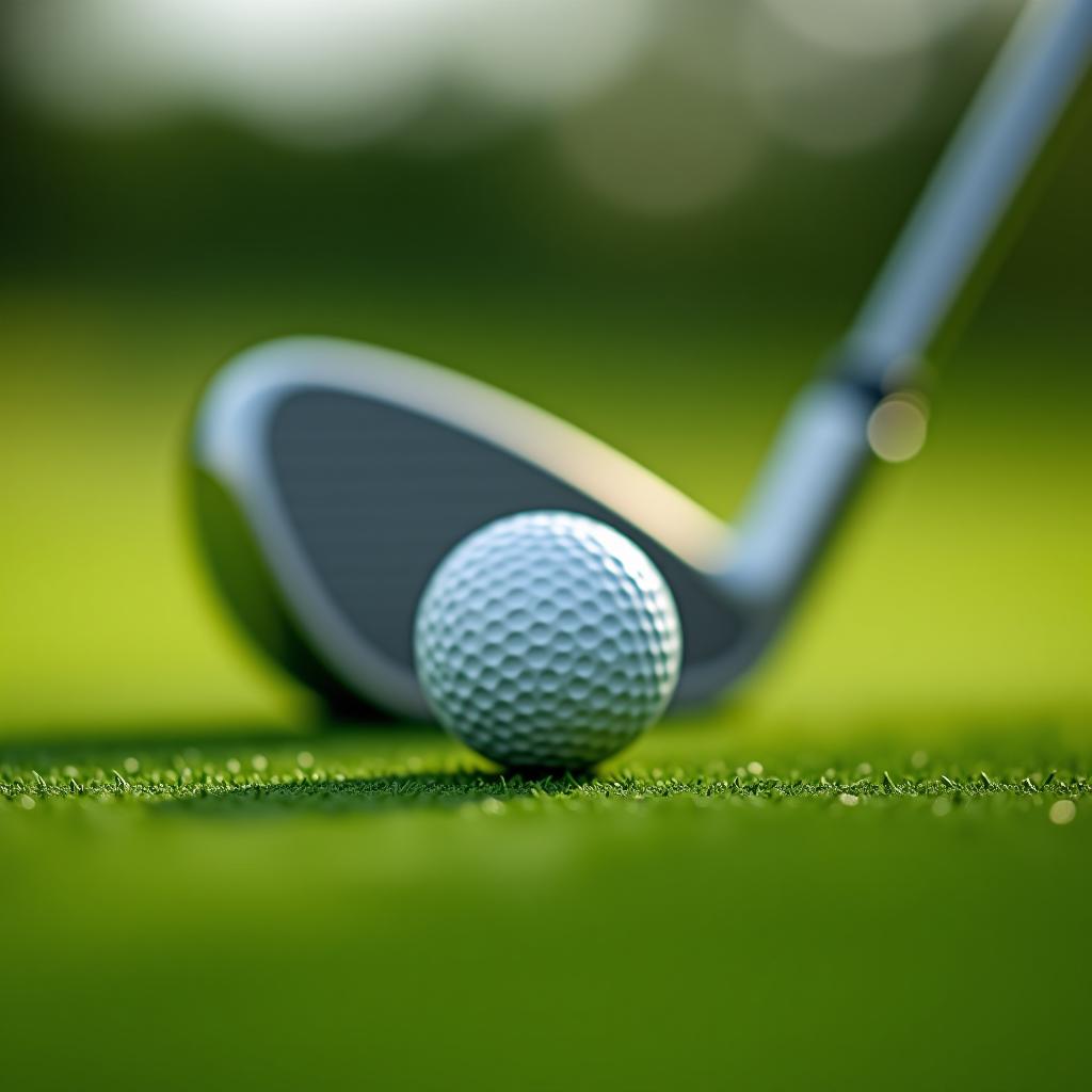  close up view of a white golf ball on a well manicured putting green, with a blurred golf club in the background. the image is well lit, vibrant, and captures the essence of a serene golfing moment.