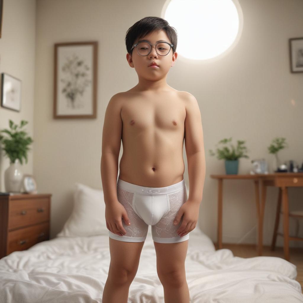 ((masterpiece)), (((best quality))), 8k, high detailed, ultra detailed, A chubby 10 year old boy from Japan wearing white briefs in a room with circle glasses, sleeping hyperrealistic, full body, detailed clothing, highly detailed, cinematic lighting, stunningly beautiful, intricate, sharp focus, f/1. 8, 85mm, (centered image composition), (professionally color graded), ((bright soft diffused light)), volumetric fog, trending on instagram, trending on tumblr, HDR 4K, 8K