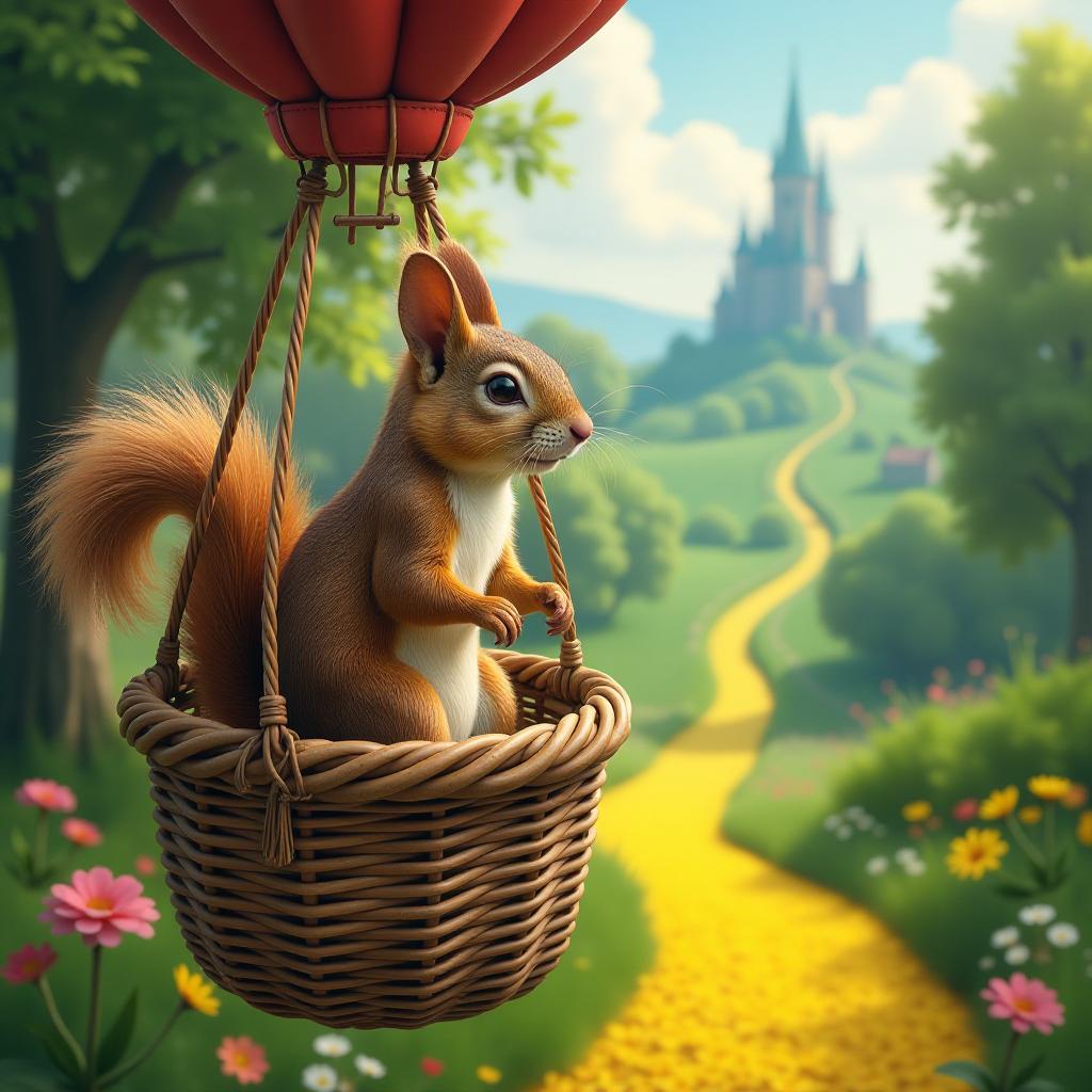  hyperrealistic art the squirrel sits in a balloon basket and looks down at the yellow brick road leading to the emerald city. basket view . extremely high resolution details, photographic, realism pushed to extreme, fine texture, incredibly lifelike