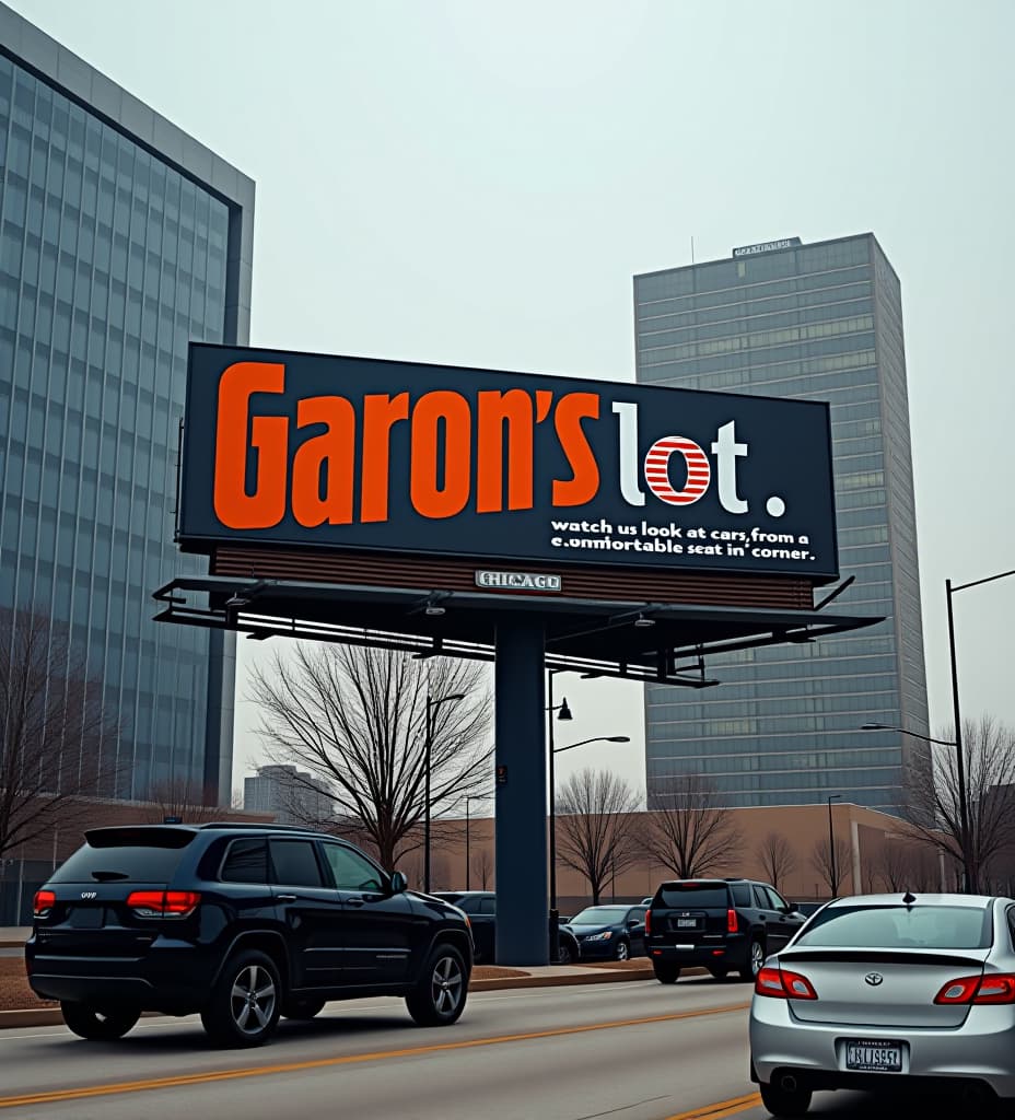  photo of a billboard in chicago, for a car dealer that says "garon's lot" in big letters, and "watch us look at cars, from a comfortable seat in the corner"