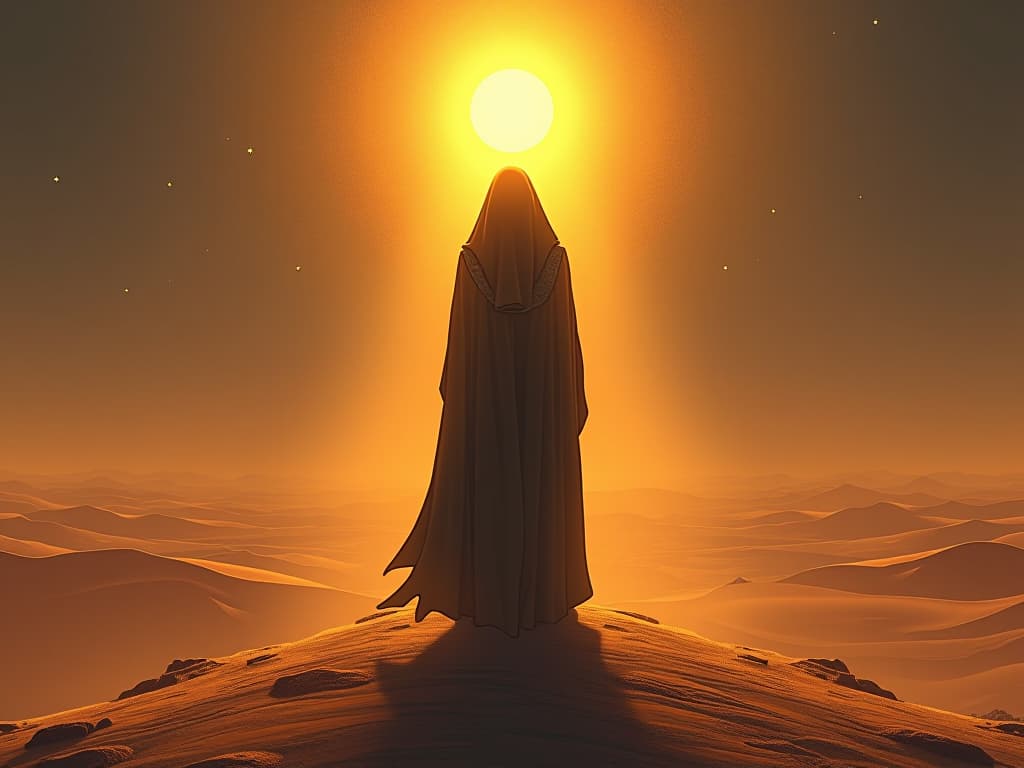  a solitary figure, shrouded in mystical light, standing at the edge of a vast desert, reflecting profound inner discovery and acceptance of solitude. the style is digital art illustration / modern comic book / mysterious occult, symbolic, esoteric vibe,high detail on character design, incorporating ancient egyptian symbology and attire.