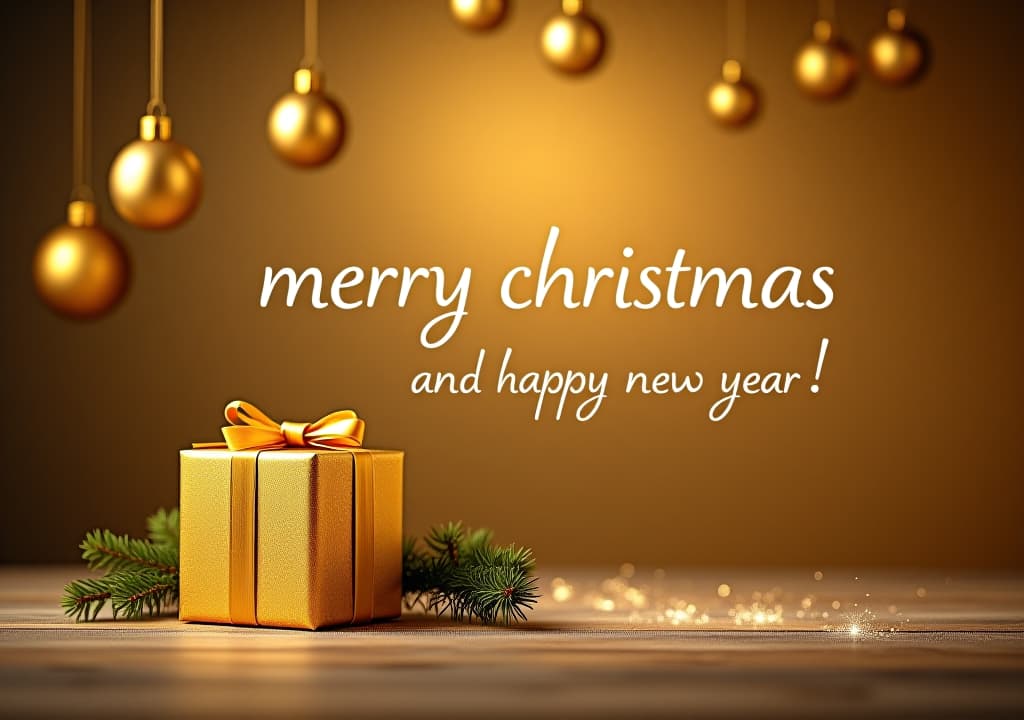  professional photo style stock design capturing the essence of 'christmas background': a backdrop painted in deep gold tones, upon which golden baubles of various sizes hang. 'merry christmas' is penned in a sophisticated style, with the added sentiment of 'and happy new year!' below. a shimmering gift box, tied with a gold ribbon, is a focal point, complemented by a mesmerizing trail of sparkles. a fresh spruce branch introduces an organic element.