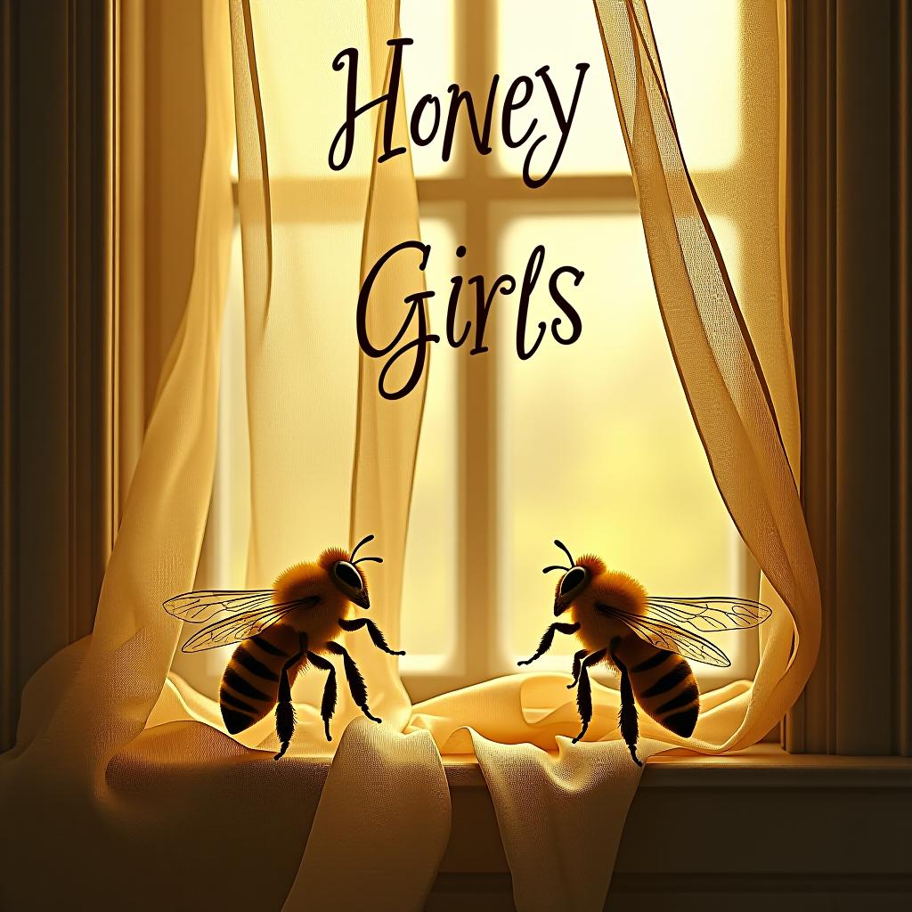  two bees as a symbol drawn next to the inscription honey girls in the photo of the falling light from the window.