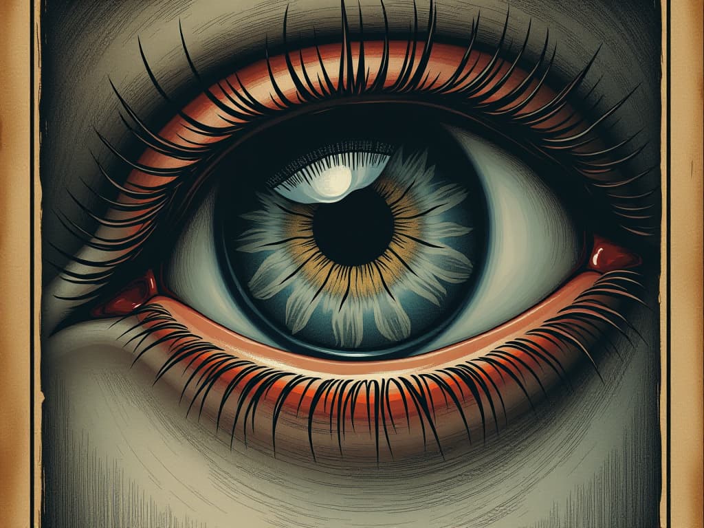  a close up of an eye with mirrored imagery in the iris, amplified senses, intricate details, vivid textures, heightened awareness. an illustration in the style of a worn, mystical old tarot trump card, mysterious and elements of surrealism. the colors are muted, somber and eerie, but with contrast bring out an occult and esoteric vibe.