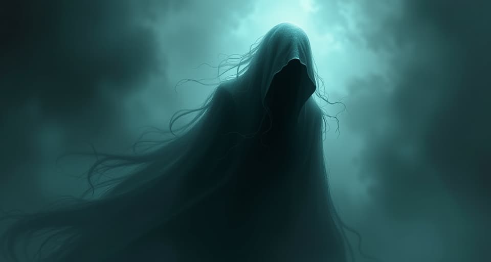  a shadowy figure with faint, ethereal wisps of darkness seeping from their form. the atmosphere is dimly lit, with eerie, luminescent fog swirling around, hinting at unseen malevolence.. the style is digital art illustration,highly detailed, whimsical,magical, dreamlike atmosphere, realism and fantasy blend, smooth, glossy textures,luminous quality, wonder and enchantment.