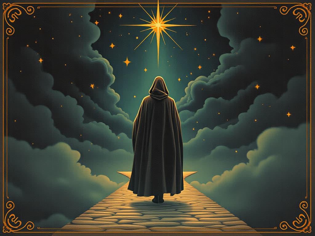  a robed guide, leading through a starry pathway, pathway sparkling, sense of purpose and direction, cosmic journey. an illustration in the style of a worn, mystical old tarot trump card, mysterious and elements of surrealism. the colors are muted, somber and eerie, but with contrast bring out an occult and esoteric vibe.