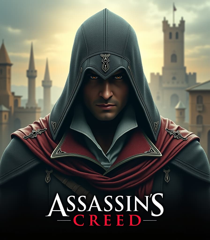  gothic style old poster, poster for the assassin's creed franchise unity, assassin's castle in masyaf, assassin in the foreground, text at the bottom in capital letters "assassin's creed", high detail, high resolution, detailed skin, detailed eyes, detailed background, cinematic, (great depth of field:1.4), hyper realism, lots of small details, perfect composition and angle. . dark, mysterious, haunting, dramatic, ornate, detailed hyperrealistic, full body, detailed clothing, highly detailed, cinematic lighting, stunningly beautiful, intricate, sharp focus, f/1. 8, 85mm, (centered image composition), (professionally color graded), ((bright soft diffused light)), volumetric fog, trending on instagram, trending on tumblr, HDR 4K, 8K