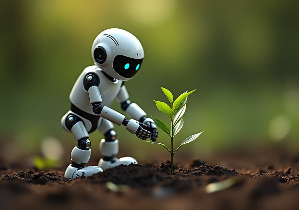  a forward looking, determined humanoid robot planting a sapling with a timer showing "5 years" above it