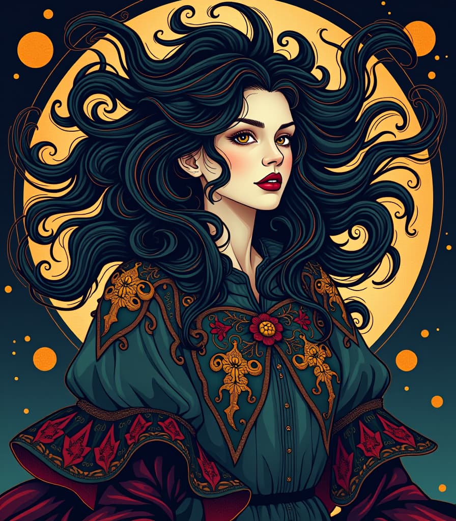  gothic style light, centered, colorful, modern illustration of a girl with wild swirling hair full of landscapes. portrait, fibonacci sequence, tessellation, art nouveau, heavy outline comic book . dark, mysterious, haunting, dramatic, ornate, detailed hyperrealistic, full body, detailed clothing, highly detailed, cinematic lighting, stunningly beautiful, intricate, sharp focus, f/1. 8, 85mm, (centered image composition), (professionally color graded), ((bright soft diffused light)), volumetric fog, trending on instagram, trending on tumblr, HDR 4K, 8K