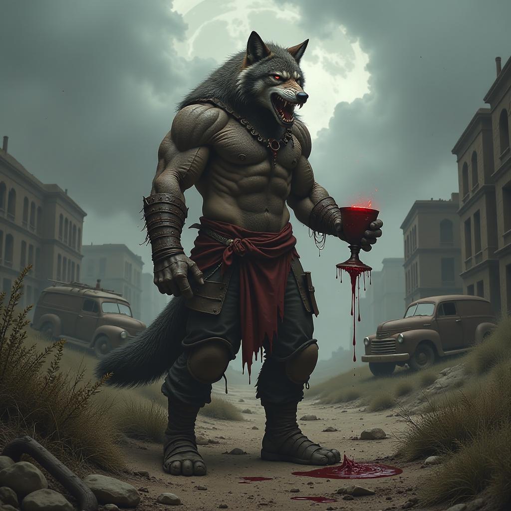  a rugged wolf man stands in a desolate, post apocalyptic landscape, surrounded by crumbling buildings and overgrown vegetation. he holds a chalice filled with rich, dark blood, dripping from fangs bared in fierce determination. the atmosphere is heavy with a gray, eerie fog, and the sky is a blend of ominous dark clouds and occasional flashes of crimson. rusted vehicles and remnants of civilization lie scattered in the background, adding to the scene's haunting, chaotic beauty.