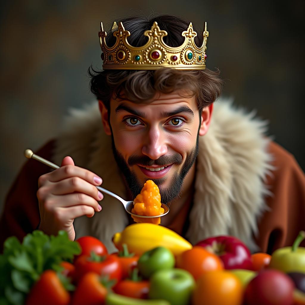  make an image of a man with short brown hair with brown eyes with a crown of a king eating a feast of fruits and vegetables