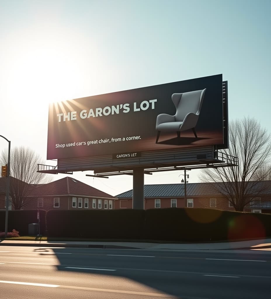  photo of a billboard in chicago, for a car dealer with a car and a chair on it and a that says "garon's lot" in big letters, and "shop used cars at great prices, from a comfy chair in the corner" dynamic lighting, sun glare