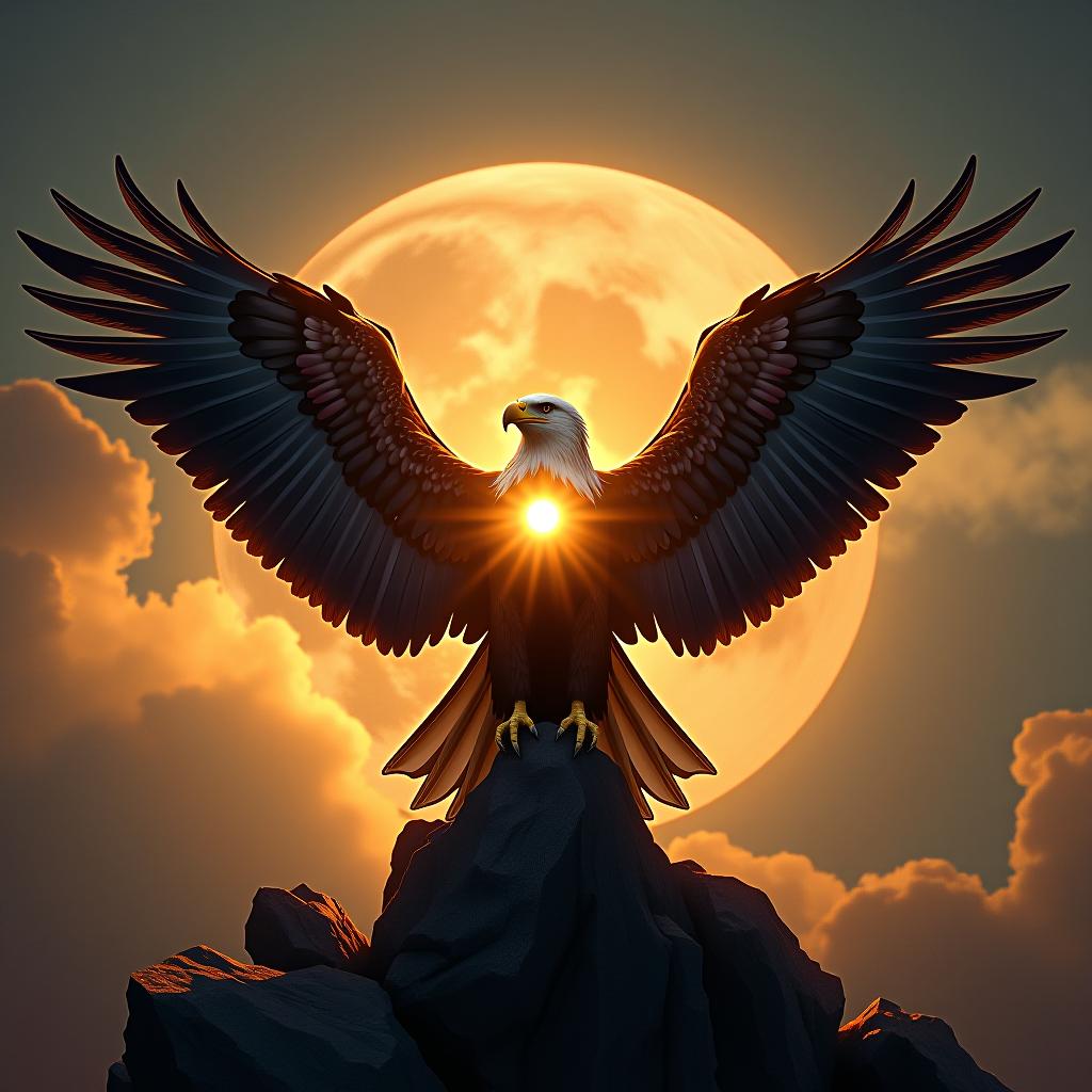  big eagle with open wings and the sun inside of his wings