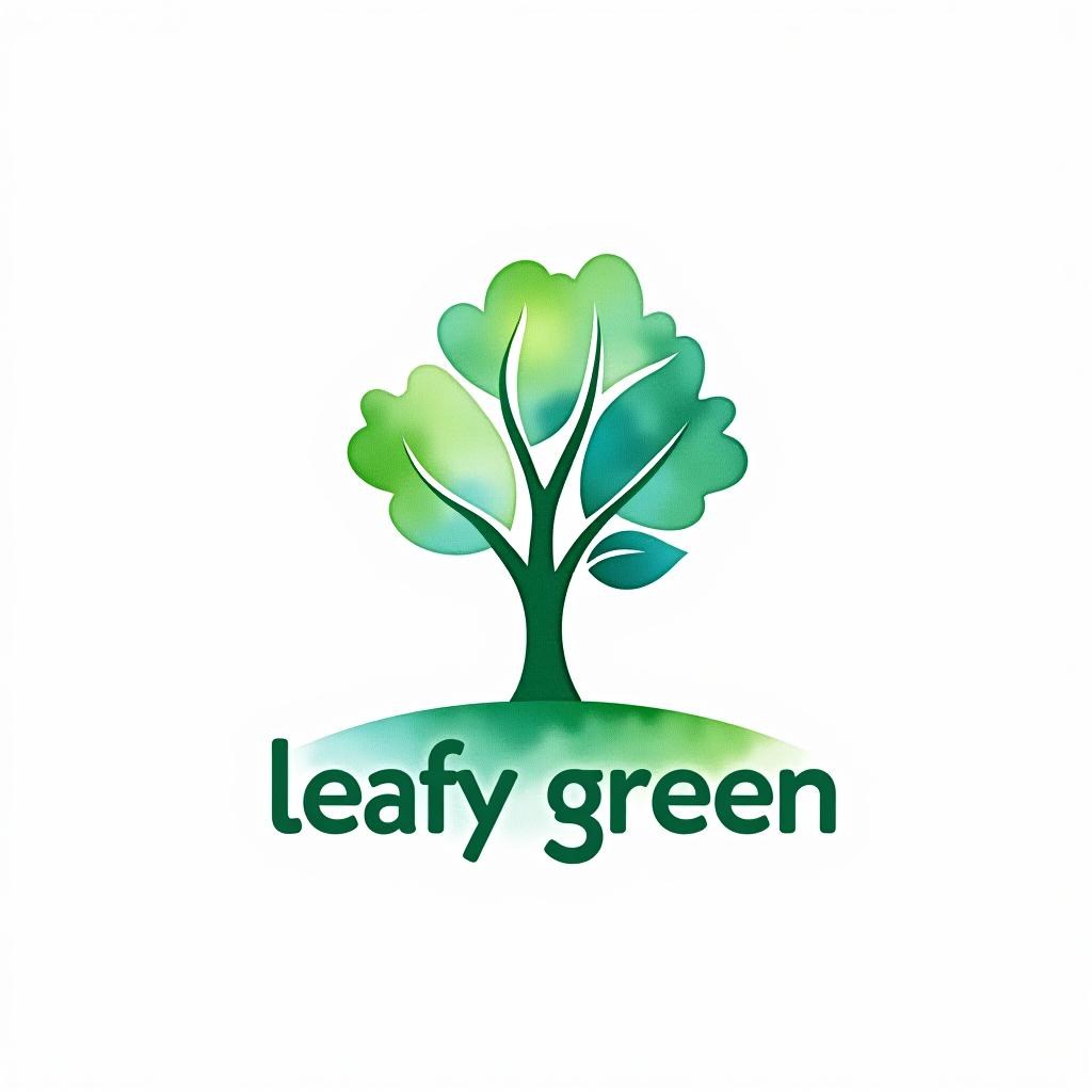  design a logo, watercolor style, logo of a tree, green and blue, with the text 'leafy green'.