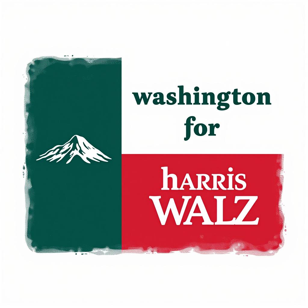  a design inspired by the washington state flag. the left side features a green vertical stripe with mt. rainer in the center. the right side is divided into two horizontal sections: the top section is white with the text 'washington for' in bold, green, uppercase letters, and the bottom section is red with the text 'harris walz' in bold, white, uppercase letters. the overall layout is clean and straightforward, with a clear and patriotic color scheme of blue, white, and red.