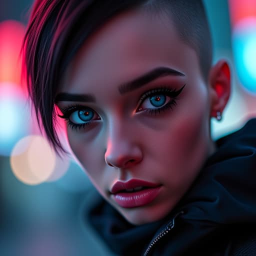  ultra realistic close up portrait ((beautiful pale cyberpunk female with heavy black eyeliner)), blue eyes, shaved side haircut, hyper detail, cinematic lighting, magic neon, dark red city, canon eos r3, nikon, f/1.4, iso 200, 1/160s, 8k, raw, unedited, symmetrical balance, in frame, 8k hyperrealistic, full body, detailed clothing, highly detailed, cinematic lighting, stunningly beautiful, intricate, sharp focus, f/1. 8, 85mm, (centered image composition), (professionally color graded), ((bright soft diffused light)), volumetric fog, trending on instagram, trending on tumblr, HDR 4K, 8K