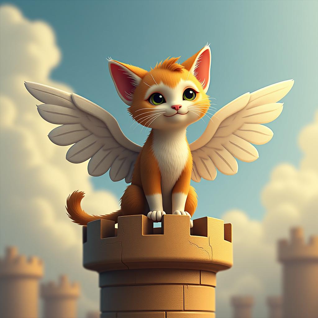  a little cat with wings is sitting on a tower.