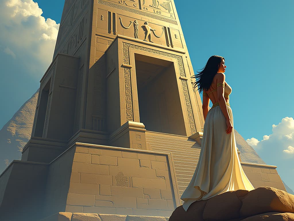  stone monument, large and towering, covered in intricate hieroglyphs, ancient carvings glowing faintly, overlooked by a large busted priestess in sheer, form fitting robes, set under an azure sky, aura of sacred enlightenment. the style is digital art illustration / modern comic book / mysterious occult, symbolic, esoteric vibe,high detail on character design, incorporating ancient egyptian symbology and attire.