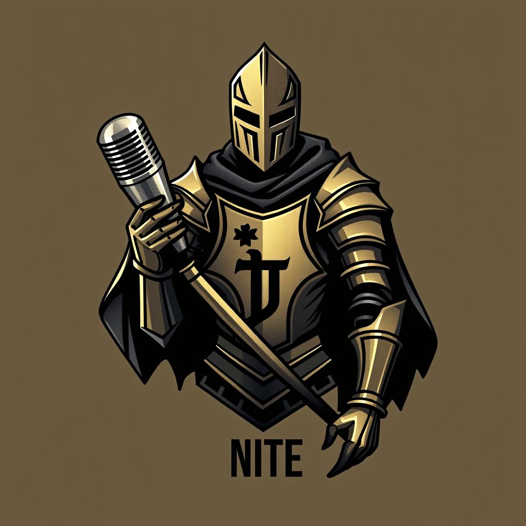  design a logo, in a origami style. knight with a mic, gold and black, with the text 'johnny nite'.