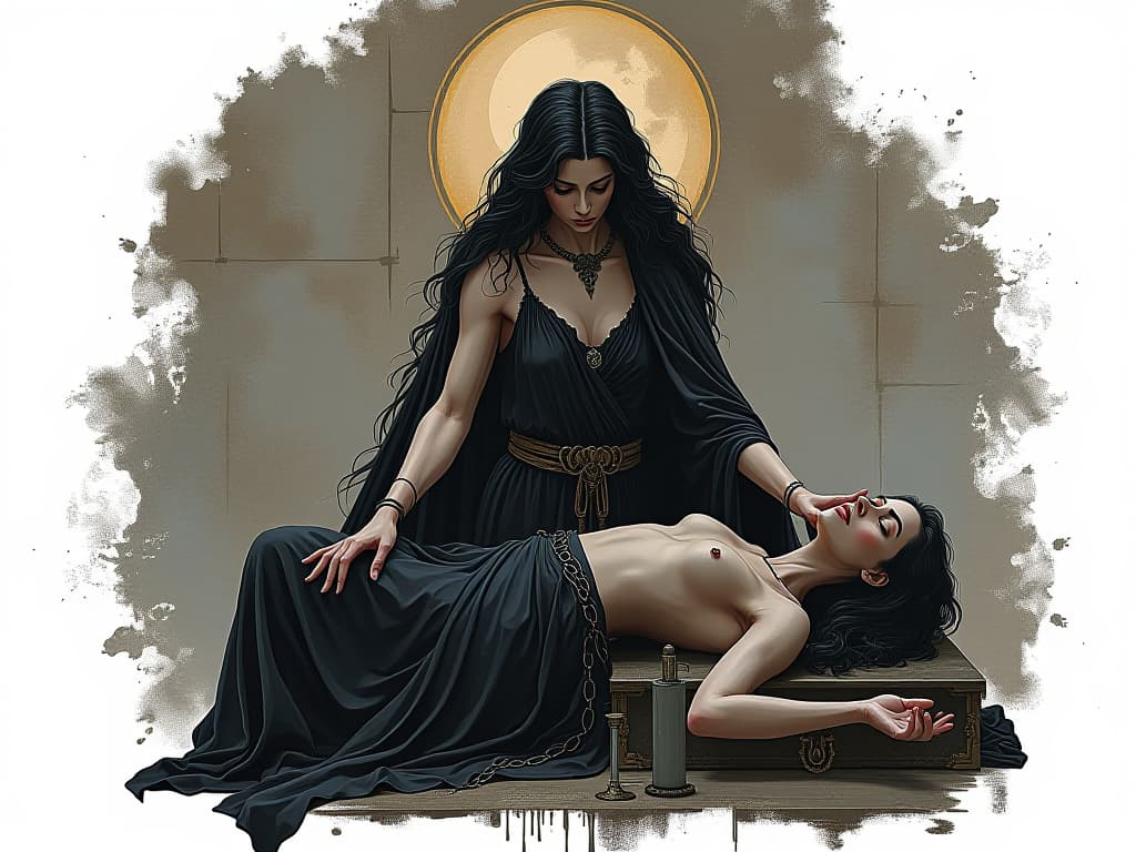  isis extending her hands over a figure lying on an altar, ancient healing ritual, serene expression, blend of earthly and divine. the style is black magick and mysterious occult, symbolic, dark gothic sharply contrasting colors, esoteric vibe.