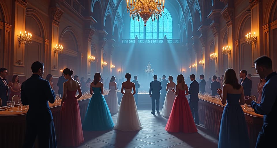  an enchanted ballroom filled with magical beings, the warmth of social niceties turning into raw emotion. truths emerging, intense atmosphere, mystical confrontation.. the style is digital art illustration,highly detailed, whimsical,magical, dreamlike atmosphere, realism and fantasy blend, smooth, glossy textures,luminous quality, wonder and enchantment.