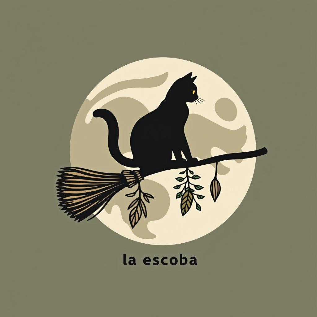  design a logo, in a minimalism style. witchy, moon, black cat silhouette riding on a broom, dried herbs hanging off broom, cottage core aesthetic, crystals,spells, with the text 'la escoba'.