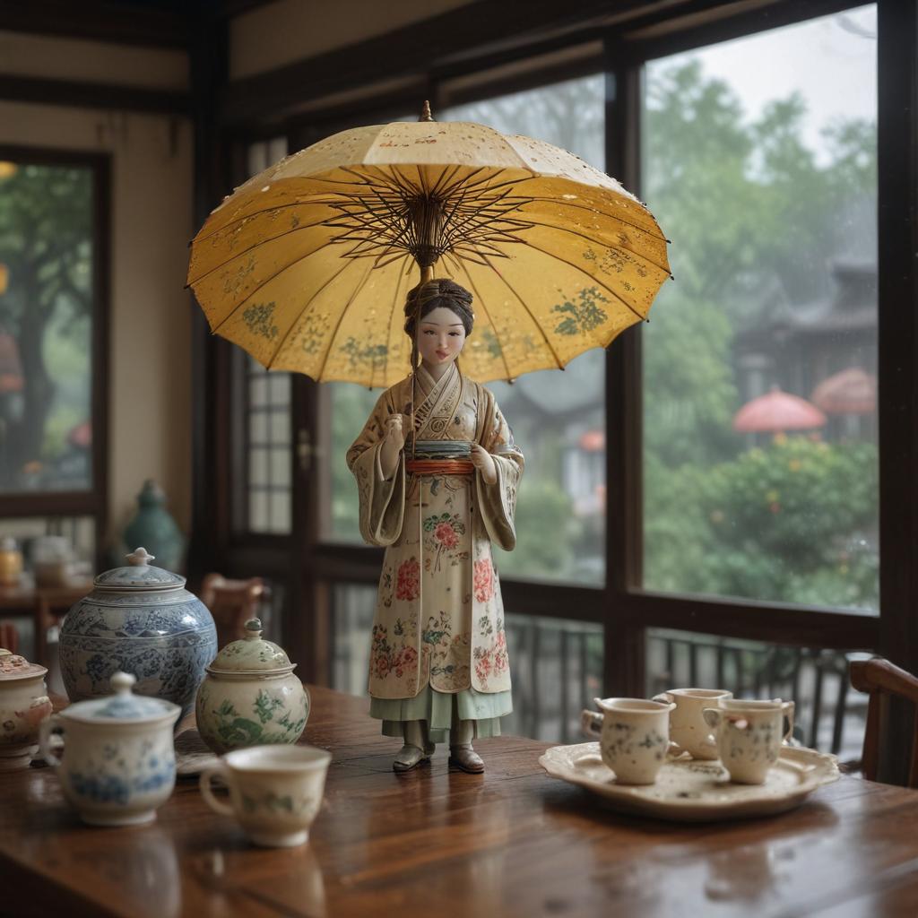 ((masterpiece)),(((best quality))), 8k, high detailed, ultra detailed,A rainy day at Yingge Ceramics Museum, a cozy indoor cafe with ceramic tea sets, a collection of antique porcelain dolls, colorful umbrellas dotted outside, soft muted tones hyperrealistic, full body, detailed clothing, highly detailed, cinematic lighting, stunningly beautiful, intricate, sharp focus, f/1. 8, 85mm, (centered image composition), (professionally color graded), ((bright soft diffused light)), volumetric fog, trending on instagram, trending on tumblr, HDR 4K, 8K