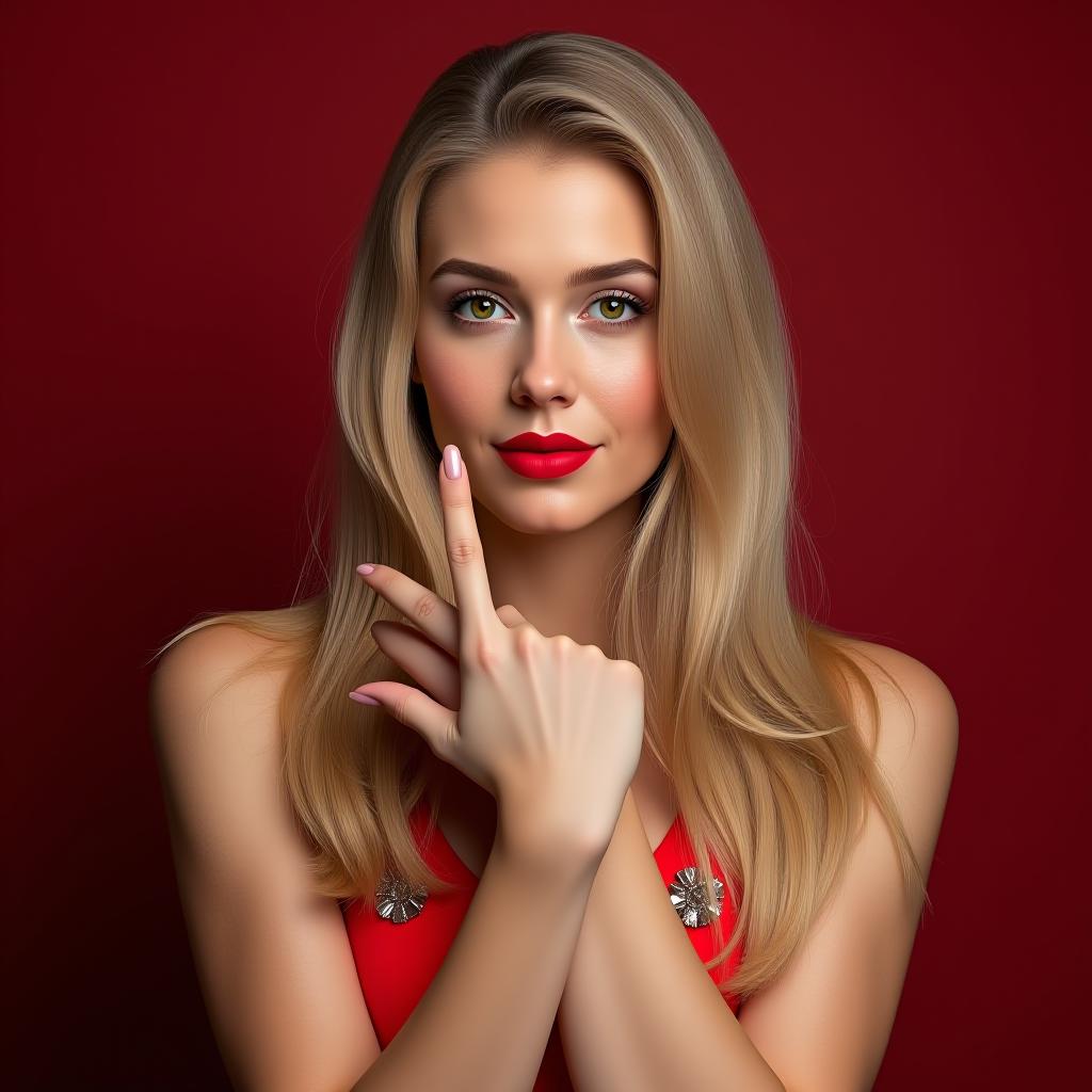  make an image of a woman with long blonde hair and brown eyes and red lipstick wearing red and white crossing their arms holding up the middle finger