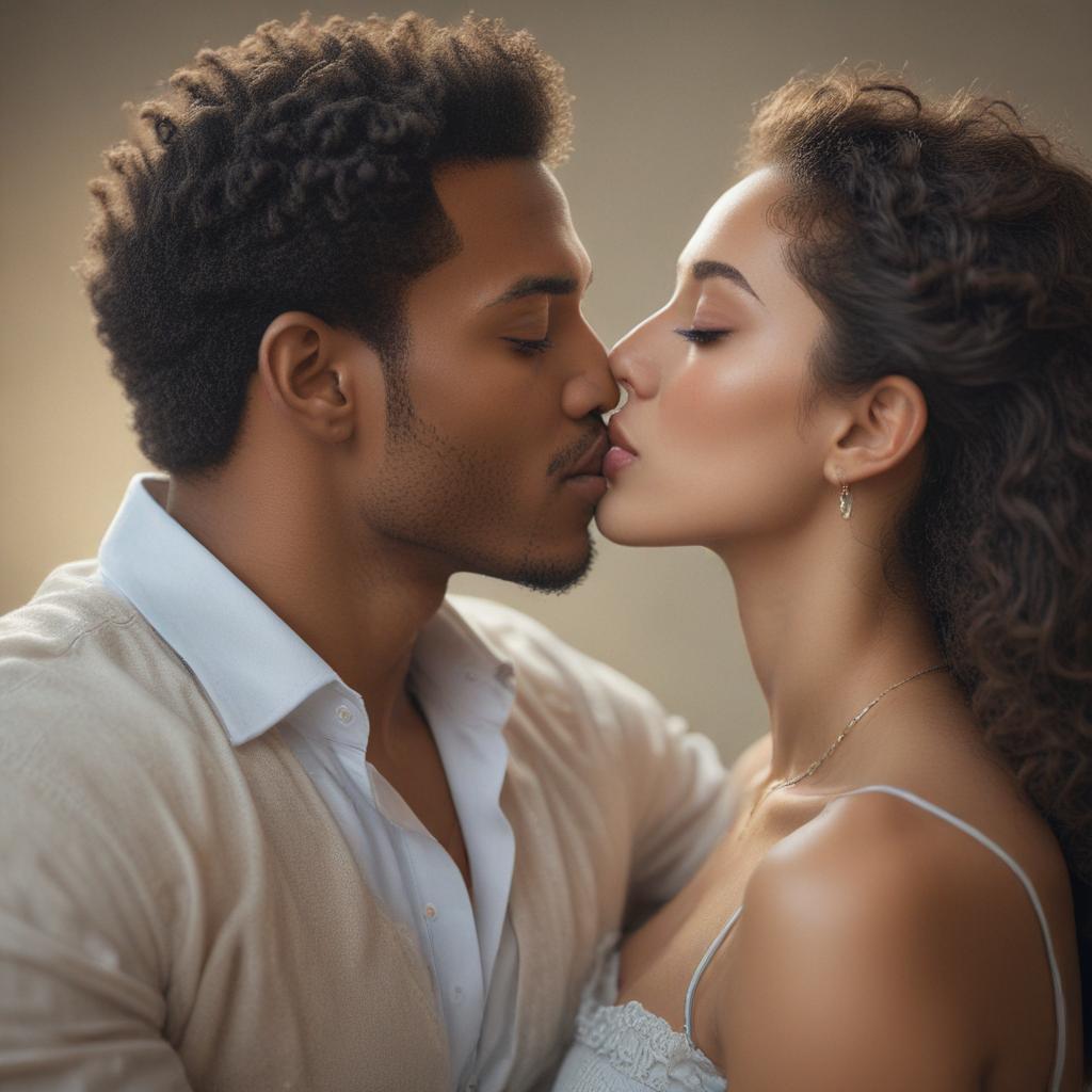 ((masterpiece)),(((best quality))), 8k, high detailed, ultra detailed, hetero european and african kiss, affection, (close up shot), (emotional connection), (subtle background), pastel tones hyperrealistic, full body, detailed clothing, highly detailed, cinematic lighting, stunningly beautiful, intricate, sharp focus, f/1. 8, 85mm, (centered image composition), (professionally color graded), ((bright soft diffused light)), volumetric fog, trending on instagram, trending on tumblr, HDR 4K, 8K