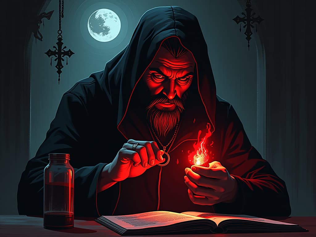  person examining occult item cautiously, surroundings dim and mysterious, hint of discernment. the style is digital art illustration / modern comic book / graphic dark novel fantasy and mysterious occult, symbolic, moody lighting, esoteric vibe,high detail on character design. for the color scheme emphasize blacks and reds.