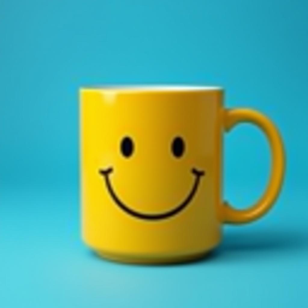  a cheerful smiley face mug on a vibrant blue